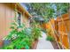 A narrow side yard with a walkway and Hollyhock plants growing along the side of the house and a wooden fence at 8845 W 81St Dr, Arvada, CO 80005