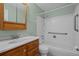 Main bathroom includes a tub, shower, wood cabinets and a vanity with storage at 3631 W 79Th Ave # A2, Westminster, CO 80030