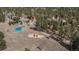 Aerial view of the community park, playground, tennis courts, and walking trail at 4192 Timbervale Dr, Evergreen, CO 80439