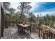 Outdoor deck with dining table and flower boxes, offering views of the verdant surroundings at 4192 Timbervale Dr, Evergreen, CO 80439