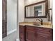 Bathroom vanity features granite countertop, vessel sink and wood cabinets at 29303 E 165Th Ave, Brighton, CO 80603