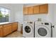 Well-lit laundry room features a modern washer and dryer set, countertops, and ample cabinet space at 14675 Golden Eagle Run, Broomfield, CO 80023