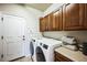 Functional laundry room with a washer, dryer, storage cabinets, and utility sink at 1563 Bellflower Dr, Brighton, CO 80601