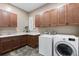 Laundry room with ample cabinets, sink and modern washer and dryer at 10660 Winding Pine Pt, Highlands Ranch, CO 80126