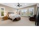 Spacious main bedroom with neutral decor, plantation shutters, and tray ceiling at 10660 Winding Pine Pt, Highlands Ranch, CO 80126