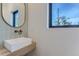 Modern powder room featuring vessel sink, sleek faucet, floating vanity, and a view of the blue sky at 1928 W 41St Ave, Denver, CO 80211