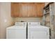 Efficient laundry room with washer, dryer, and storage cabinets at 307 Inverness S Way # 307, Englewood, CO 80112