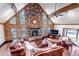 Living room with a stone fireplace, wood beams, and comfortable seating at 36920 Forest Trl, Elizabeth, CO 80107