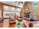 Beautiful living room showcasing a stone fireplace, high ceilings, and hardwood floors at 36920 Forest Trl, Elizabeth, CO 80107