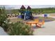 Playground features colorful play structures, a table with chairs, and landscaped surroundings at 7470 Blue Water Ln, Castle Rock, CO 80108
