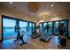 Bright gym with treadmills, stationary bike, and hardwood floors, overlooking an outdoor patio at 7291 Prairie Sage Pl, Littleton, CO 80125