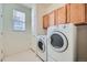 Functional laundry room with ample cabinet space and modern white washer and dryer units at 15786 Randolph Pl, Denver, CO 80239