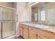 Bright bathroom featuring a shower and a vanity with granite countertops at 1462 Raindrop Way, Castle Rock, CO 80109