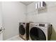 A well-lit laundry room features stainless steel washer and dryer and storage shelf at 9836 Mount Kataka Pt, Littleton, CO 80125