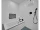 Close up of stylish bathroom tub with sleek black fixtures and textured white tiling at 6574 Olympus Dr, Evergreen, CO 80439