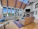 Bright living room with vaulted wood ceilings, large windows, fireplace, and skylights at 6574 Olympus Dr, Evergreen, CO 80439