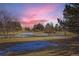 Picturesque community view of a partially frozen pond with surrounding greenery at dusk at 10425 Red Mountain West, Littleton, CO 80127