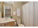Bathroom featuring a sink, toilet, towel rack, and shower with white curtain at 1446 Braewood Ave, Highlands Ranch, CO 80129