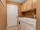 A laundry room with washer and dryer and built-in storage cabinets at 1446 Braewood Ave, Highlands Ranch, CO 80129
