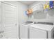 Laundry room with washer, dryer, and shelving at 507 Bonneville Ave, Fort Lupton, CO 80621