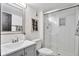 Modern bathroom featuring glass shower, gray vanity, and minimalist fixtures at 4853 S Crystal St, Aurora, CO 80015