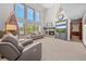Comfortable living room featuring a fireplace, large windows, and ample natural light at 4161 W Lake Cir, Littleton, CO 80123