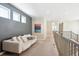Hallway features a grey accent wall, sofa and railing at 10557 Eby Cir, Lone Tree, CO 80124