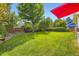 Expansive backyard with a lush green lawn, mature trees, and a privacy fence, perfect for outdoor activities at 5988 E Jamison Ln, Centennial, CO 80112