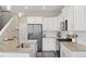 Contemporary kitchen equipped with stainless steel appliances, white cabinetry, and granite countertops at 21823 E 8Th Ave, Aurora, CO 80018