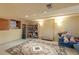 Finished basement with rug, blue couch, lighting, and storage options at 10295 Ravenswood Ln, Highlands Ranch, CO 80130