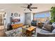 Comfortable living room with ample seating, a ceiling fan, and large windows offering scenic views at 200 Bothun Rd, Berthoud, CO 80513