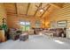 Comfortable living room featuring a wooden ceiling, large windows, and leather furniture at 3557 Palmer Ridge Dr, Parker, CO 80134