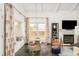 Dining area with pendant lighting, bay window seating, and access to living area at 40 S Dexter St, Denver, CO 80246