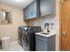 Clean laundry room equipped with front loading washer and dryer plus a sink and storage at 5034 E Otero Cir, Centennial, CO 80122