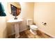 Powder room featuring a pedestal sink, toilet, and modern fixtures, offering a stylish and functional space at 3902 Eagle Tail Ln, Castle Rock, CO 80104