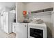 Bright laundry area with white appliances and convenient shelving for storage at 5425 W 115Th Pl, Westminster, CO 80020
