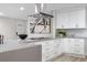 Modern kitchen with white cabinets, stainless steel appliances, and contemporary lighting fixtures at 2320 S Valley Hwy, Denver, CO 80222