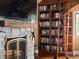 Close-up of the stone fireplace and built-in bookcase with ladder in the bedroom at 100 N Gaylord St, Denver, CO 80206