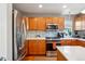 Well-equipped kitchen with stainless steel appliances, wooden cabinets, backsplash, and island at 2933 Central Park Blvd, Denver, CO 80238