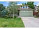 House exterior featuring green siding, brown roof and a well-maintained lawn at 19229 E Legend Ave, Parker, CO 80134
