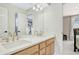 Bright bathroom featuring double sinks, light wood cabinets, and a large mirror at 3163 Soaring Eagle Ln, Castle Rock, CO 80109