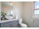 Stylish bathroom featuring a modern sink, toilet, and window with a view at 415 Butte Pkwy, Golden, CO 80403
