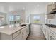 Modern kitchen with white cabinets, stainless steel appliances, a large island and hardwood floors at 8672 Pennycress Dr, Littleton, CO 80125