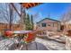 A quaint backyard patio offers a seating area with table, lush landscaping, and access to an outbuilding at 2215 Meade St, Denver, CO 80211