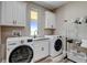 Well-equipped laundry room with modern washer and dryer, ample cabinet space, and convenient sink at 3308 County Road 19, Fort Lupton, CO 80621