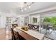 Dining room boasts stylish lighting, a long wood table, and sliding glass doors to the patio at 6075 S Filbert Ct, Centennial, CO 80121