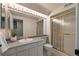 Bathroom features a sleek vanity, a large mirror with lighting, and an enclosed shower for convenience at 8833 Maplewood Dr, Highlands Ranch, CO 80126