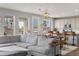 Open-concept living space with hardwood floors, dining table, and comfortable sectional sofa at 199 Simmental Loop, Castle Rock, CO 80104