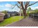 Relaxing backyard scene featuring a wooden deck with patio furniture, a green lawn, and privacy fencing surrounded by trees at 1215 S Ogden St, Denver, CO 80210