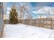 Wide view of a fenced backyard with mature trees and snowy ground at 47 S Hazel Ct, Denver, CO 80219